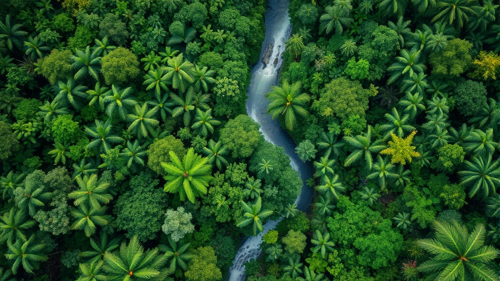 Aerial view of intact tropical rainforest canopy with river winding through dense vegetation, photorealistic, natural lighting, no text or labels