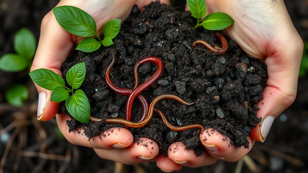 Hands holding rich dark soil with earthworms and plant roots visible, water droplets present, showing soil fertility and ecosystem complexity, photorealistic