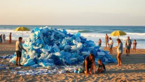 Photorealistic image of a community art installation made from recycled ocean plastic on a beach, with volunteers working together to arrange blue and white materials into an abstract sculpture, ocean waves visible in background, golden hour lighting, diverse group of people engaged