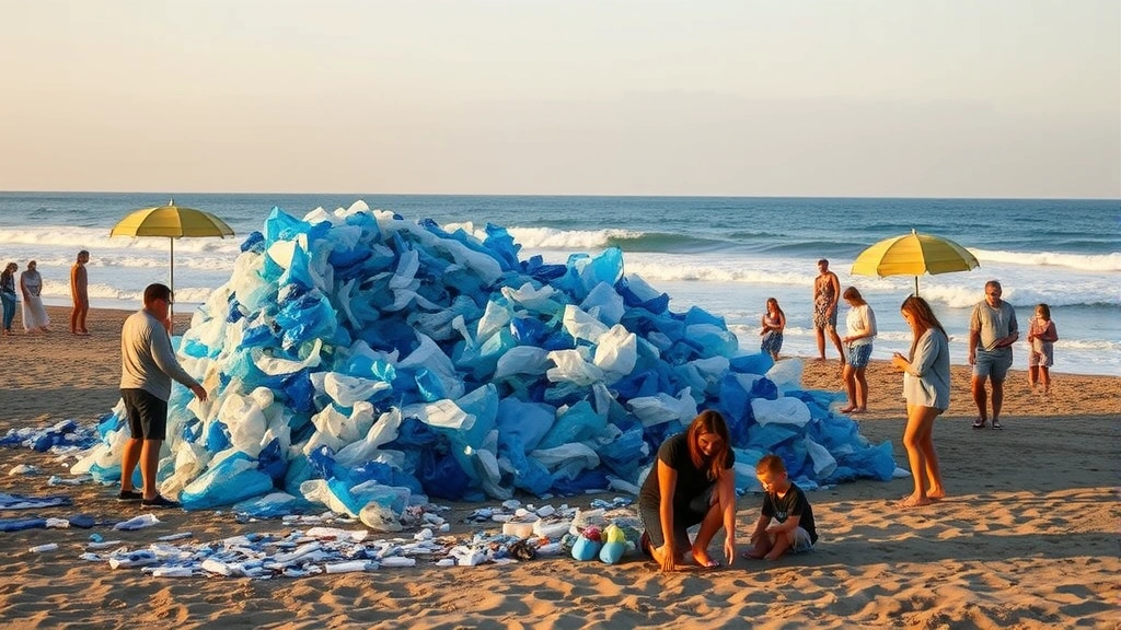 Photorealistic image of a community art installation made from recycled ocean plastic on a beach, with volunteers working together to arrange blue and white materials into an abstract sculpture, ocean waves visible in background, golden hour lighting, diverse group of people engaged