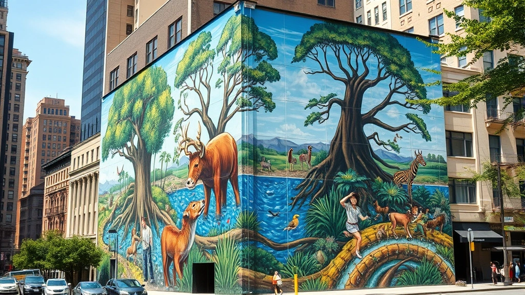 Photorealistic photograph of a large-scale mural painted on an urban building wall depicting interconnected ecosystem elements—trees, water, wildlife, and human figures—with vibrant colors and detailed natural imagery, city environment visible around it, natural daylight