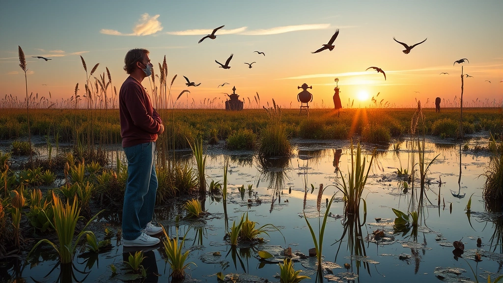 Photorealistic image of an artist or community member standing in a restored wetland landscape with native plants, water reflections, and birds in flight, artistic sculptures or installations visible among the restored vegetation, sunset lighting, showing integration of art and ecological restoration
