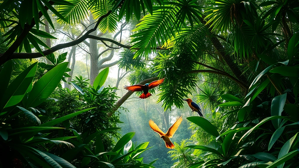 Lush tropical rainforest canopy with diverse plant species, vibrant birds in flight, sunlight filtering through dense foliage, representing biodiversity and economic resource potential