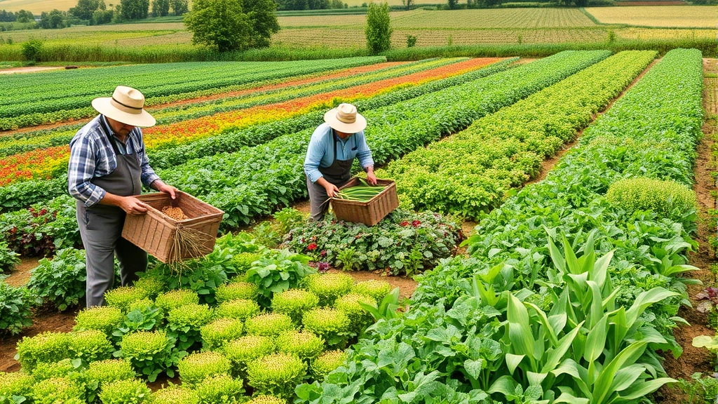 Farmers harvesting diverse crops in polyculture fields with varied vegetables and grains, green landscape with natural pest control elements, illustrating agricultural biodiversity benefits