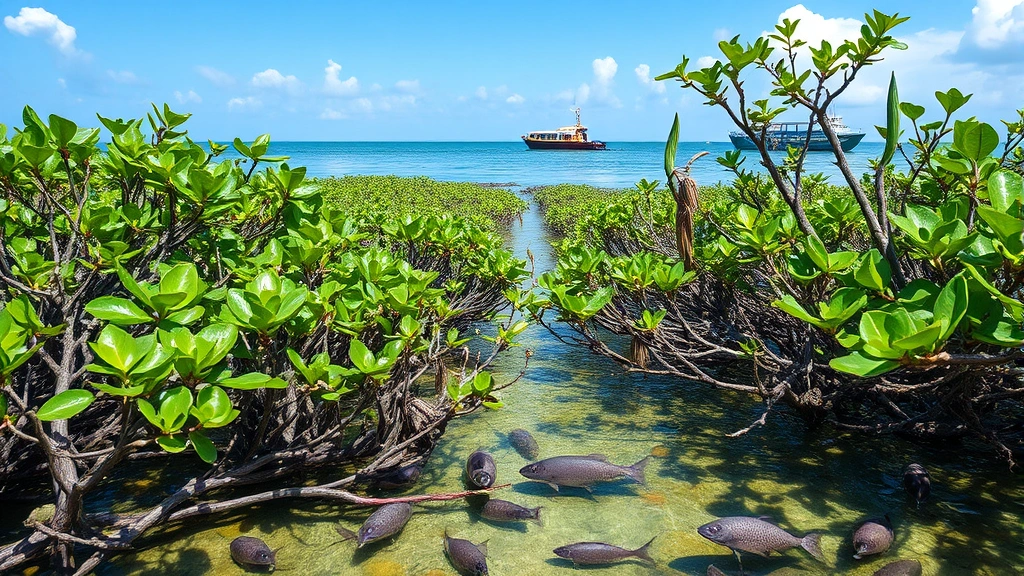 Coastal mangrove ecosystem with dense root systems, diverse marine life, fishing boats in background, representing ecosystem services and economic value generation