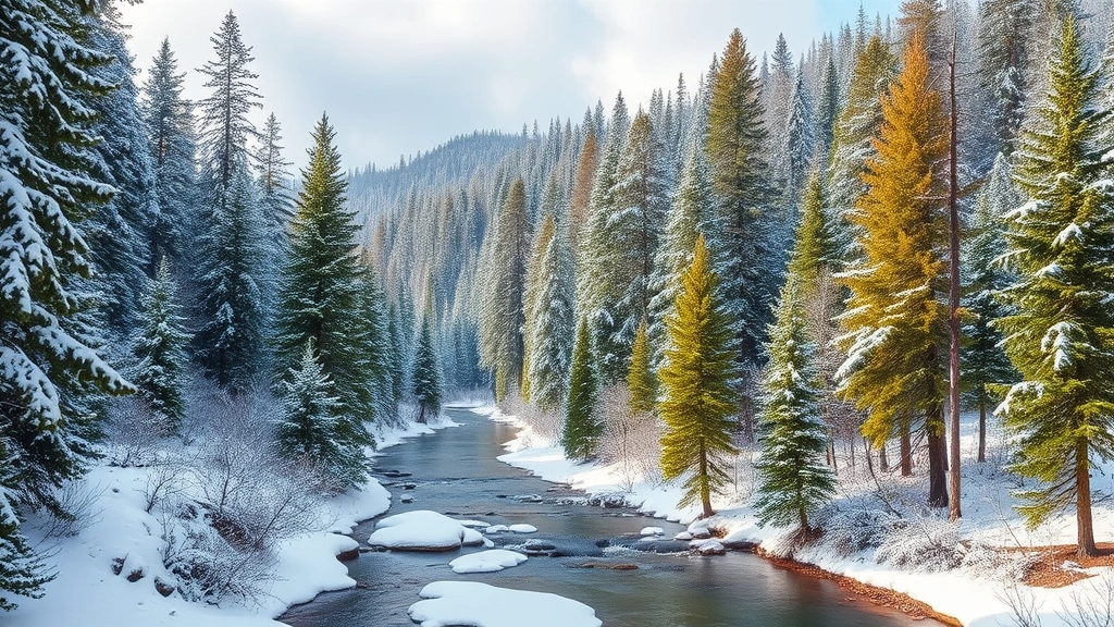 Photorealistic image of pristine winter landscape with snow-covered forest and clear stream, showing untouched natural ecosystem during winter season, vibrant evergreen trees contrasting with white snow, peaceful wilderness environment