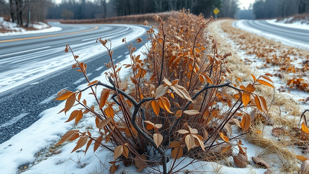 Photorealistic image of damaged roadside vegetation showing salt-stressed plants with brown discolored leaves and stunted growth near winter-treated road, demonstrating environmental impact of conventional de-icing products on natural areas
