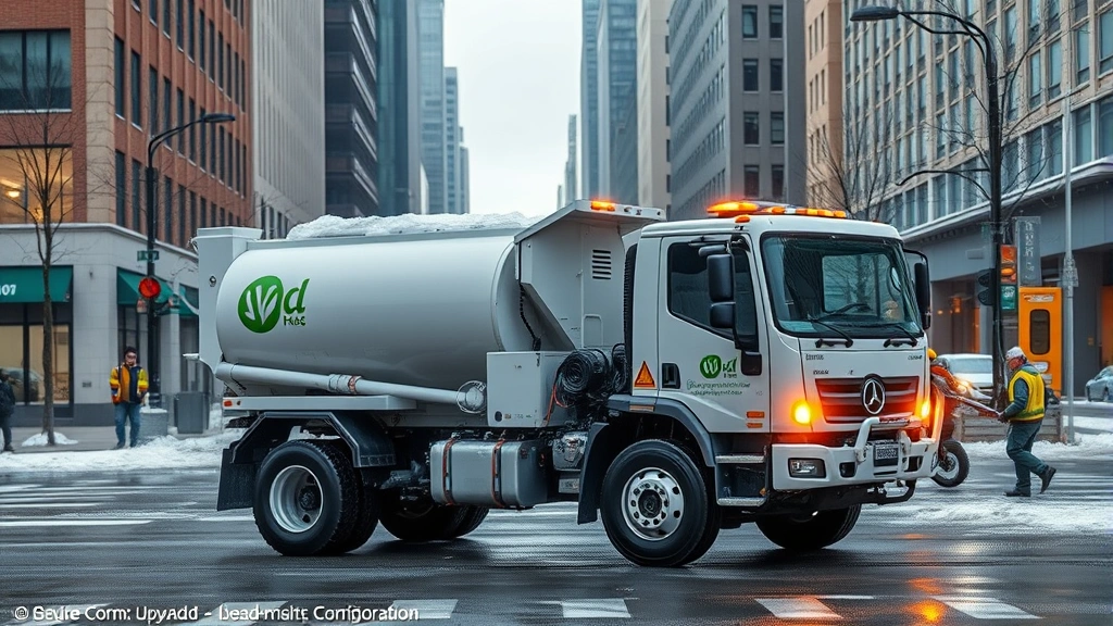Photorealistic image of sustainable winter maintenance equipment including spreader truck applying eco-friendly ice melt product on urban street, modern green infrastructure visible, city workers maintaining roads with alternative de-icing methods