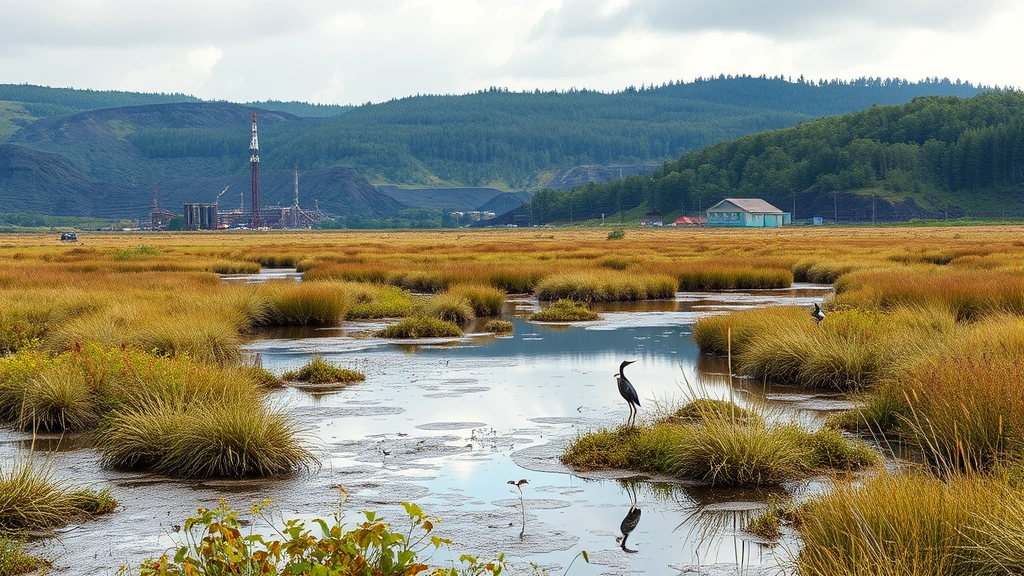 Photorealistic landscape showing transition from industrial coal mining site to thriving restored wetland ecosystem with native plants, birds, and clean water reflections, temperate region setting