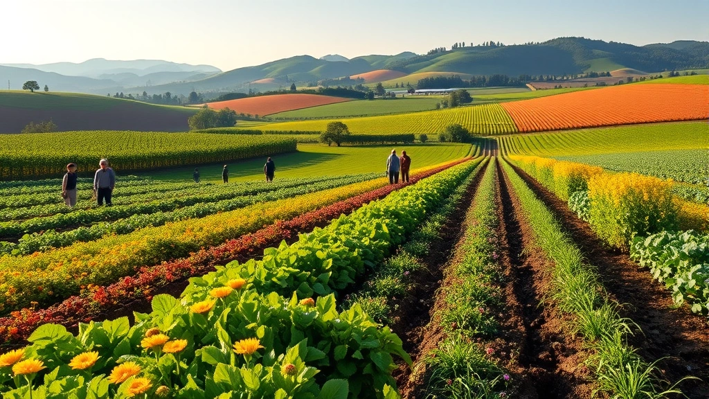 Vibrant organic farm with diverse crops, cover crops, native wildflowers, visible soil biota, farmers working sustainably, rolling hills, morning light, no text or labels
