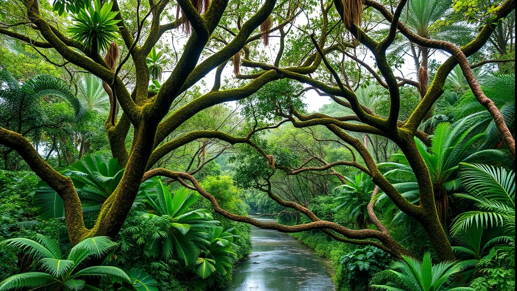 Restored tropical forest canopy with diverse tree species, epiphytes, wildlife movement, healthy undergrowth, river flowing through landscape, biodiversity evident, humid ecosystem