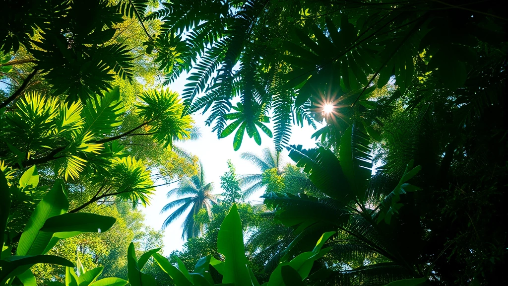 Lush tropical rainforest canopy with sunlight filtering through dense green vegetation, showing biodiversity and natural carbon storage systems