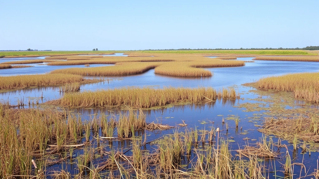Pristine wetland landscape with water, reeds, and wildlife habitats, demonstrating ecosystem services like water purification and flood protection