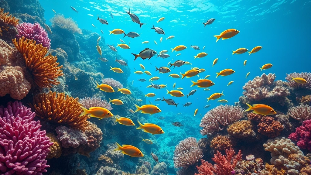 Vibrant coral reef underwater scene with colorful fish and coral formations, illustrating marine ecosystem services and economic value