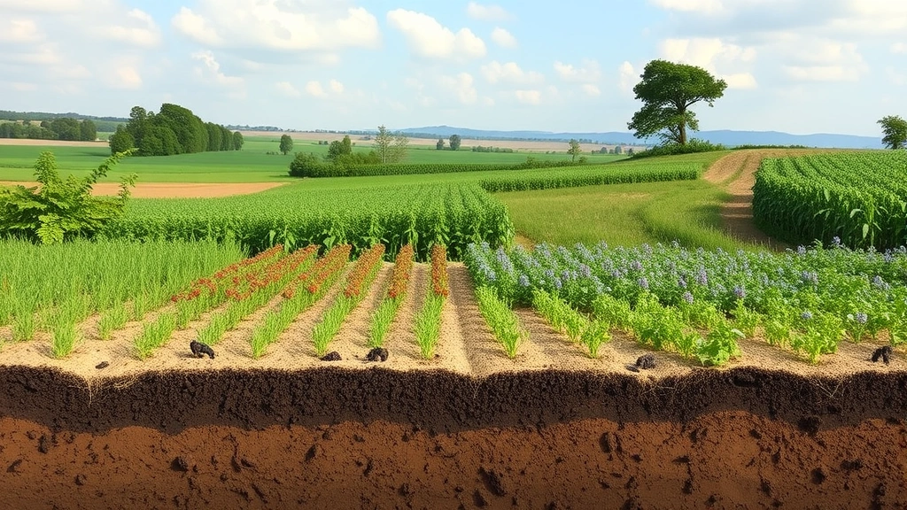 Restored agricultural landscape with diverse crops, pollinating insects, and healthy soil, illustrating regenerative farming practices that enhance ecosystem services while maintaining economic productivity