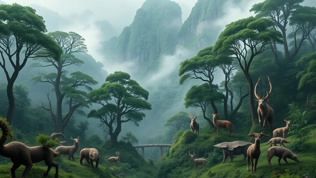 Vast ancient forest ecosystem with diverse creatures, ancient trees, misty valleys, rich biodiversity, untouched wilderness, photorealistic nature scene, no text