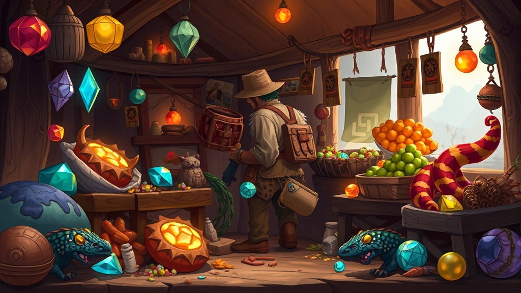Hunter character surrounded by harvested materials and resources in a trading post, glowing gems and scales, economic transaction scene, market activity, no charts or text