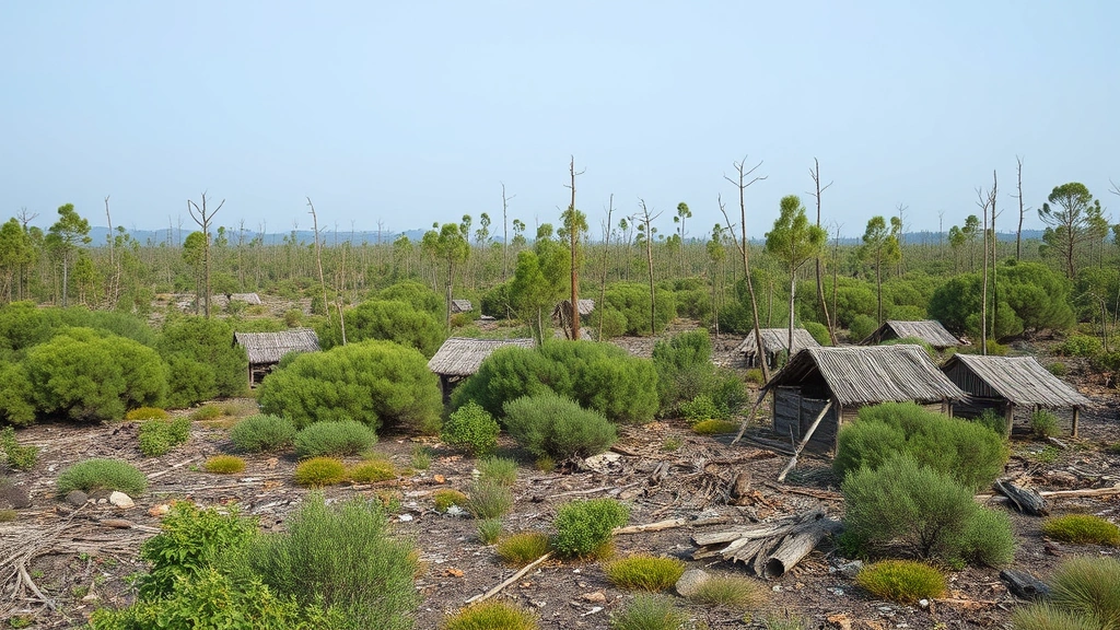 Depleted ecosystem showing habitat destruction aftermath, sparse vegetation, abandoned hunter camp, ecological damage visible, environmental degradation, no text or labels