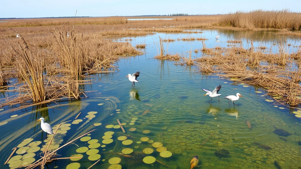 Diverse wetland landscape with water, reeds, migratory birds, fish visible in clear water, showing multiple ecosystem services including flood control, water filtration, and habitat provision in natural setting