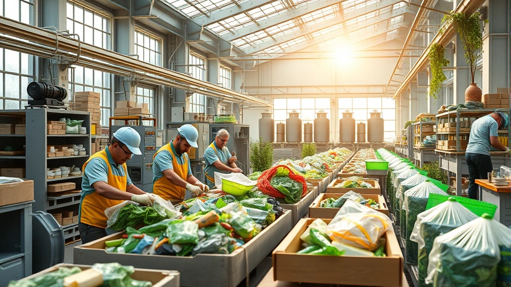Circular economy visualization: factory workers sorting recycled materials in modern facility with natural light, biodegradable packaging, and green infrastructure, demonstrating industrial sustainability