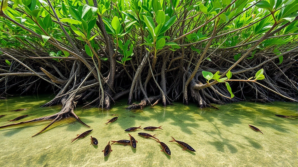 Coastal mangrove forest with intricate root systems in shallow water, small fish and crustaceans visible, protecting shoreline from erosion and storms while supporting fisheries, photorealistic nature scene