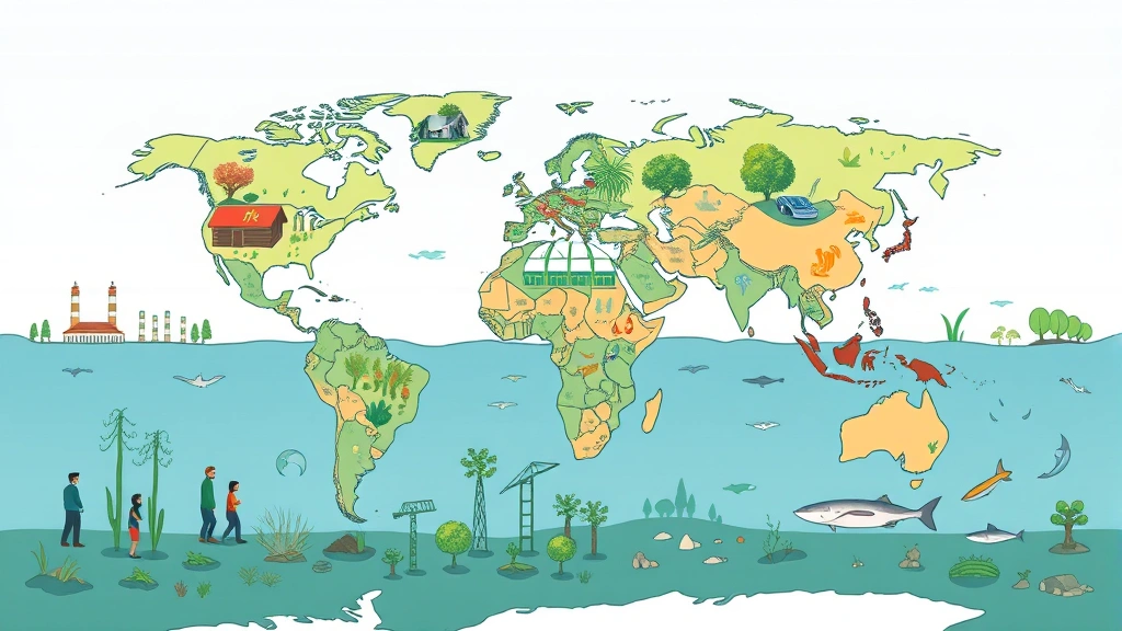 Global economic transition: diverse communities engaged in sustainable livelihoods—farmers using regenerative agriculture, clean tech workers in modern facilities, coastal communities with restored ecosystems and thriving fisheries