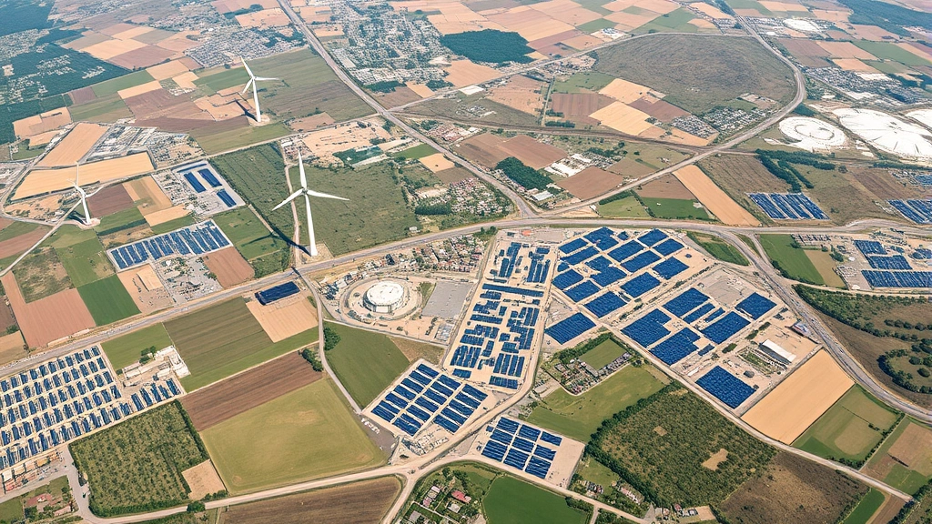Photorealistic satellite view of renewable energy infrastructure dispersing across rural and urban landscapes, showing wind turbines and solar panels spreading geographically with varying density patterns, natural lighting, no text or labels