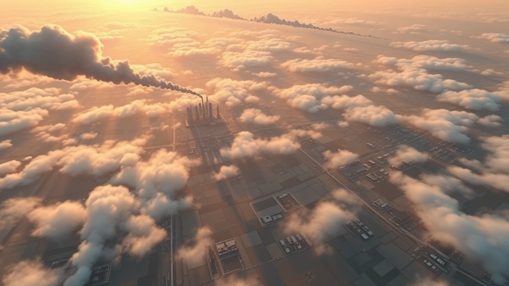 Three-dimensional visualization of atmospheric pollution particle diffusion patterns spreading from industrial complexes across agricultural regions, showing concentration gradients and wind-driven dispersal over terrain, morning light, photorealistic rendering