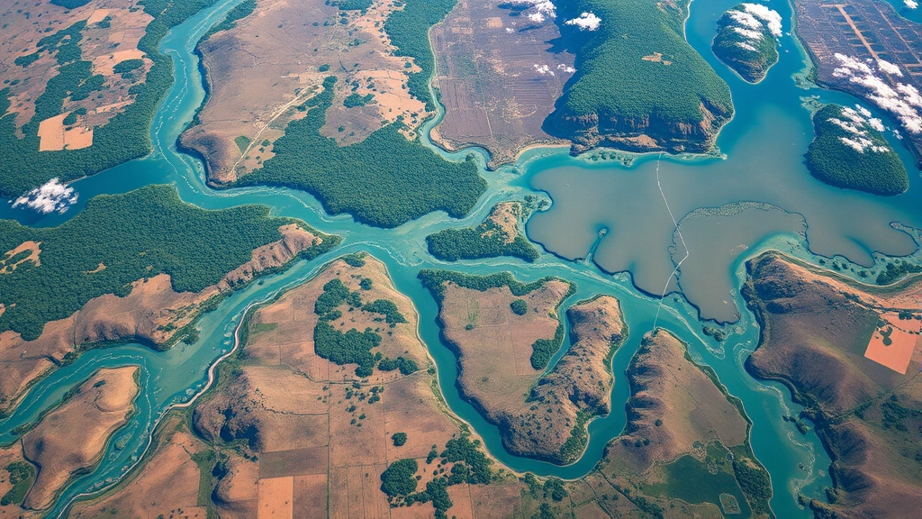 Aerial photograph of water systems showing contamination plumes diffusing downstream through river networks and aquifers, with vegetation patterns and land use changes visible, natural color palette, no annotations