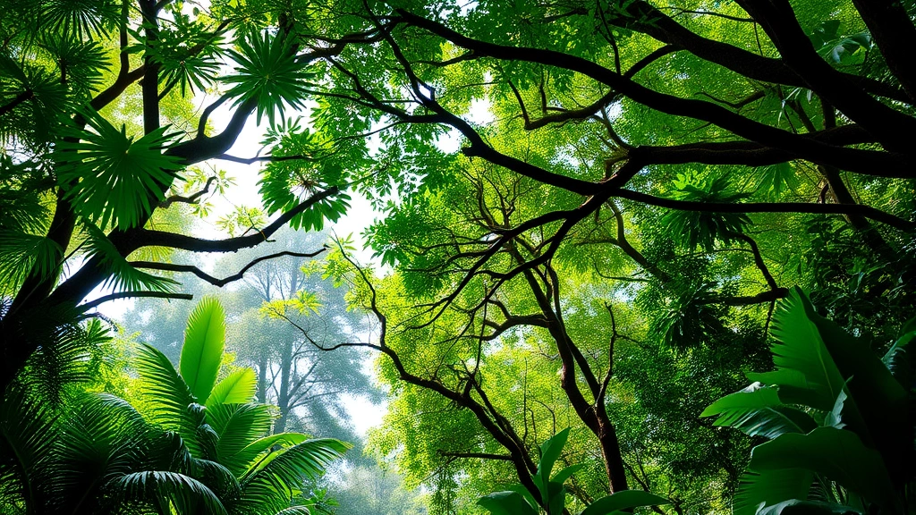 Lush tropical rainforest canopy with diverse tree species and vibrant green foliage, sunlight filtering through layers of vegetation, showing complex biodiversity ecosystem in natural state