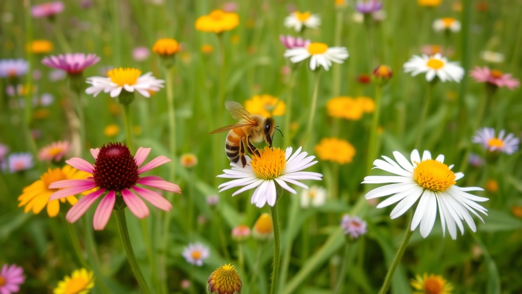 Pollinator honeybee collecting nectar from wildflower meadow with multiple flowering plant species in full bloom, natural agricultural landscape with diverse flora