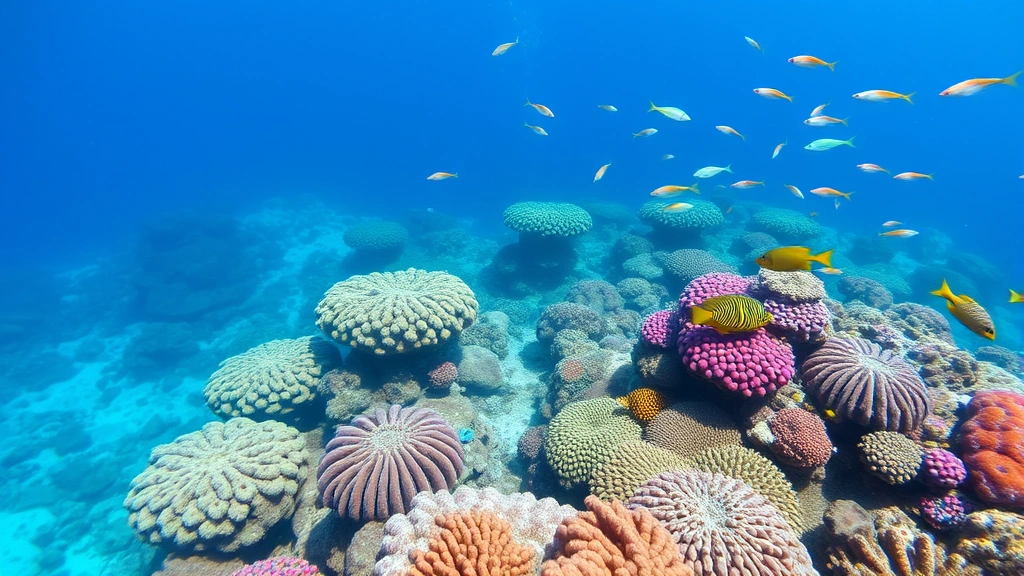 Coastal coral reef ecosystem with vibrant coral formations and diverse tropical fish species, clear blue water showing underwater biodiversity, natural marine environment