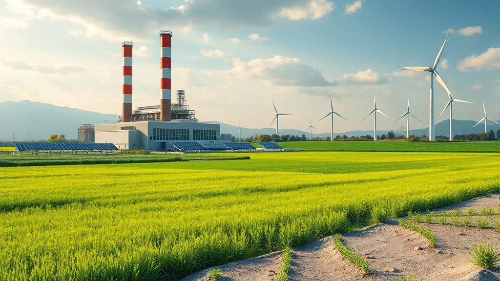 Industrial factory transitioning to renewable energy with solar panels and wind turbines in background, green fields replacing concrete, vibrant ecosystem recovery photorealistic