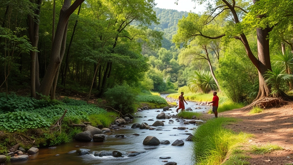 Diverse ecosystem with forest canopy, flowing water, wildlife habitats, and indigenous community members practicing traditional land management in lush natural landscape