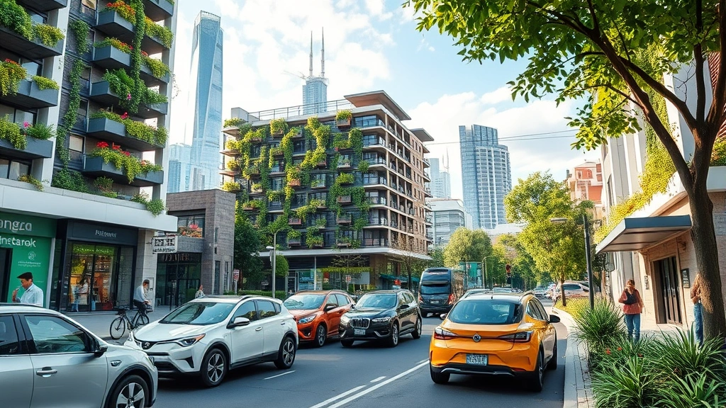Urban environment showing electric vehicles, green infrastructure, vertical gardens, renewable energy installations, and communities benefiting from sustainable economic transition