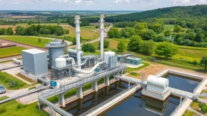 Industrial facility with modern pollution control equipment and monitoring systems, surrounded by green landscape and clean water treatment infrastructure, photorealistic daytime scene