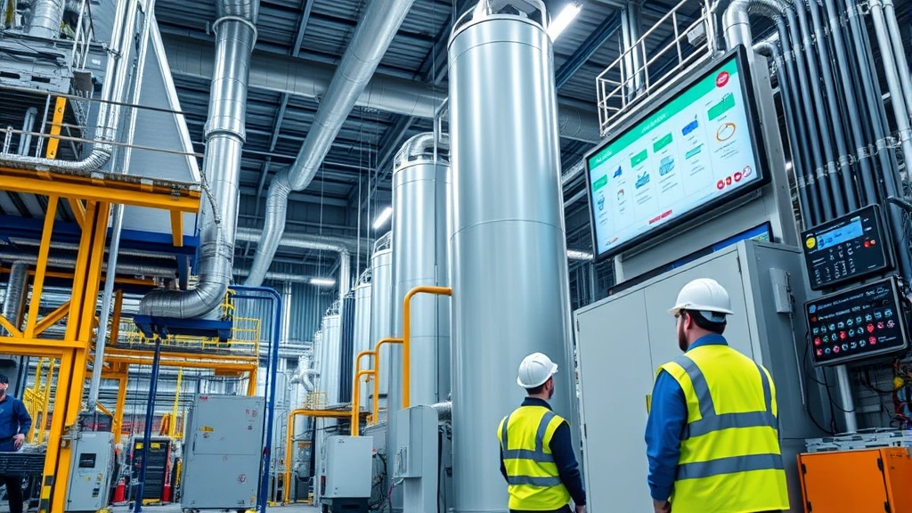 Manufacturing plant interior showing advanced air filtration technology and emission monitoring equipment with digital displays, workers in safety gear conducting environmental assessments