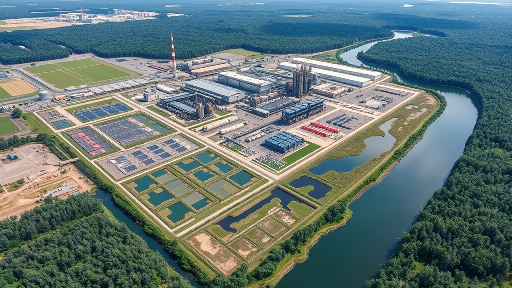 Aerial view of industrial complex with integrated waste management systems, constructed wetlands for water treatment, and surrounding preserved natural habitat with forest buffer zones