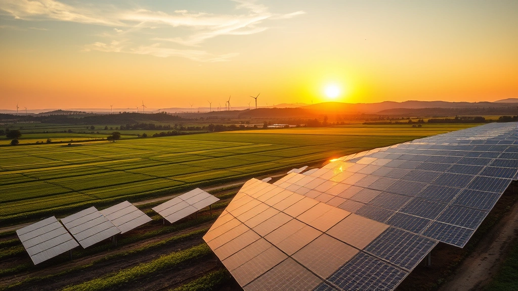 Solar panels covering vast agricultural fields during golden hour, with wind turbines visible on distant hills, farmers working alongside renewable infrastructure, photorealistic landscape showing economic opportunity integration with nature