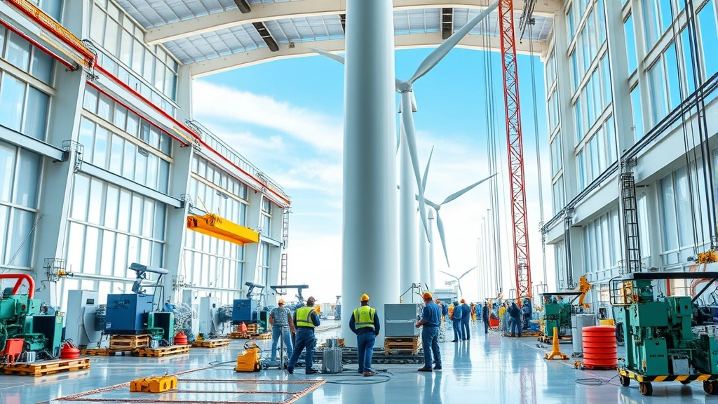 Modern wind turbine manufacturing facility with workers assembling components, cranes and industrial equipment, clean factory environment with blue sky visible through large windows, emphasizing green energy job creation and skilled labor