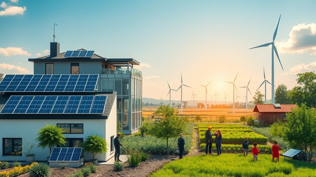 Diverse renewable energy ecosystem: rooftop solar installations on modern buildings, community solar gardens, small wind turbines in rural areas, people of different ages and backgrounds working on installations, representing inclusive economic growth and distributed prosperity