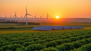 Renewable energy wind turbines and solar panels in sprawling agricultural landscape with healthy green crops growing below, golden sunset lighting, photorealistic environmental harmony