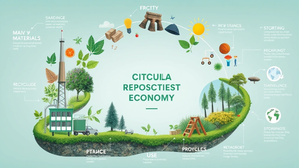Circular economy visualization showing product lifecycle from raw materials through manufacturing, use, recycling back to new products, with natural ecosystem elements integrated throughout the process