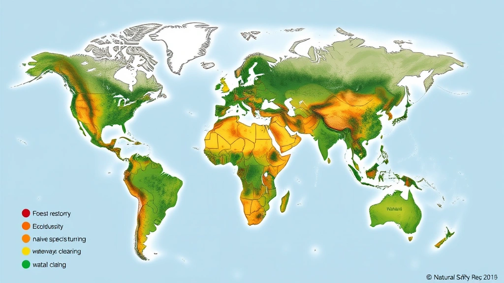 Global map showing forest restoration and ecosystem recovery zones with vibrant biodiversity, native species returning, waterways clearing, representing environmental safety and natural capital regeneration