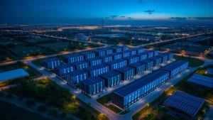Aerial view of sprawling data center complex at dusk with blue LED lights and server racks visible, surrounded by green landscaping and renewable energy panels, photorealistic