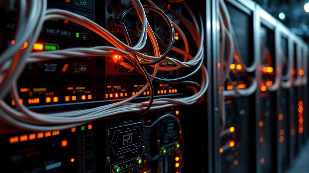 Close-up of interconnected server hardware with glowing network cables and cooling systems in operation, industrial technical environment, photorealistic