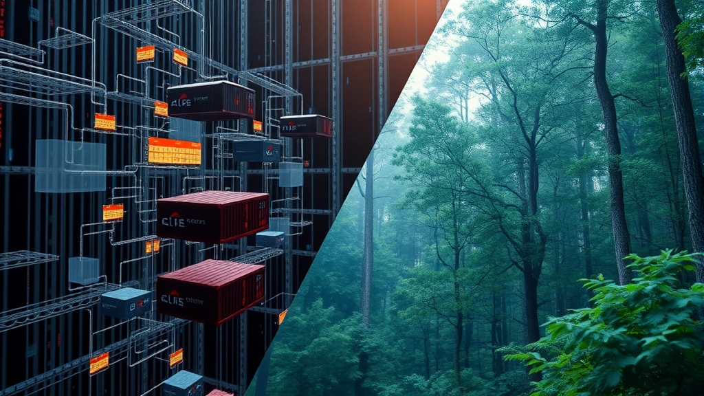 Split-screen composition: left side shows abstract digital architecture with floating containers and network nodes; right side shows natural forest ecosystem, symbolizing technology-nature balance, photorealistic