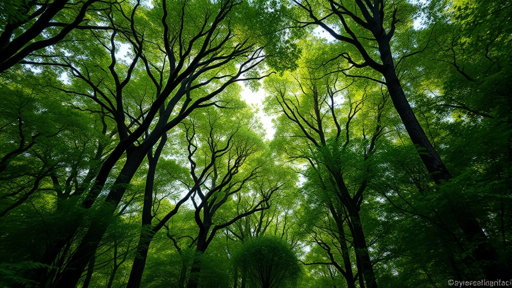Lush forest canopy with data streams flowing through trees, representing natural systems and information architecture in harmony, photorealistic
