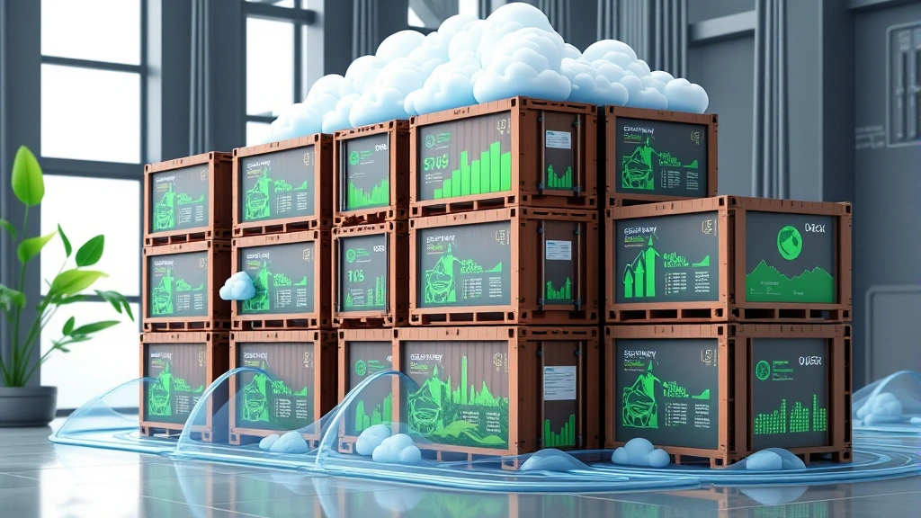 Docker containers stacked with flowing environmental configuration data, cloud infrastructure with green energy indicators, sustainable computing visualization