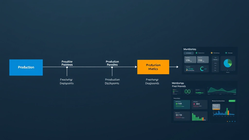 Production deployment pipeline with multiple stages flowing left to right, security checkpoints highlighted, monitoring dashboards showing environmental metrics